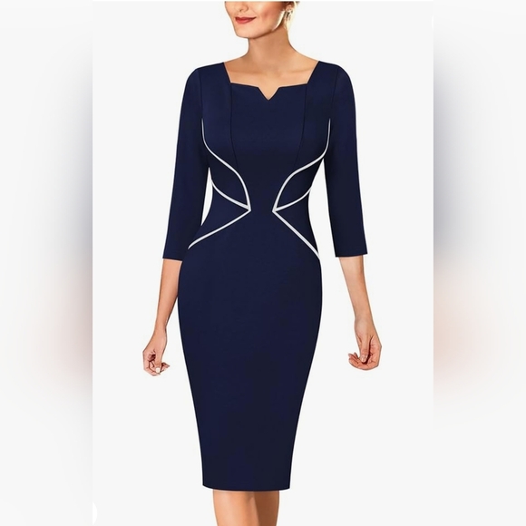 VFSHOW Women's V Neck Color Block Bodycon Pencil Dress Work Office Business Penc - Picture 1 of 13